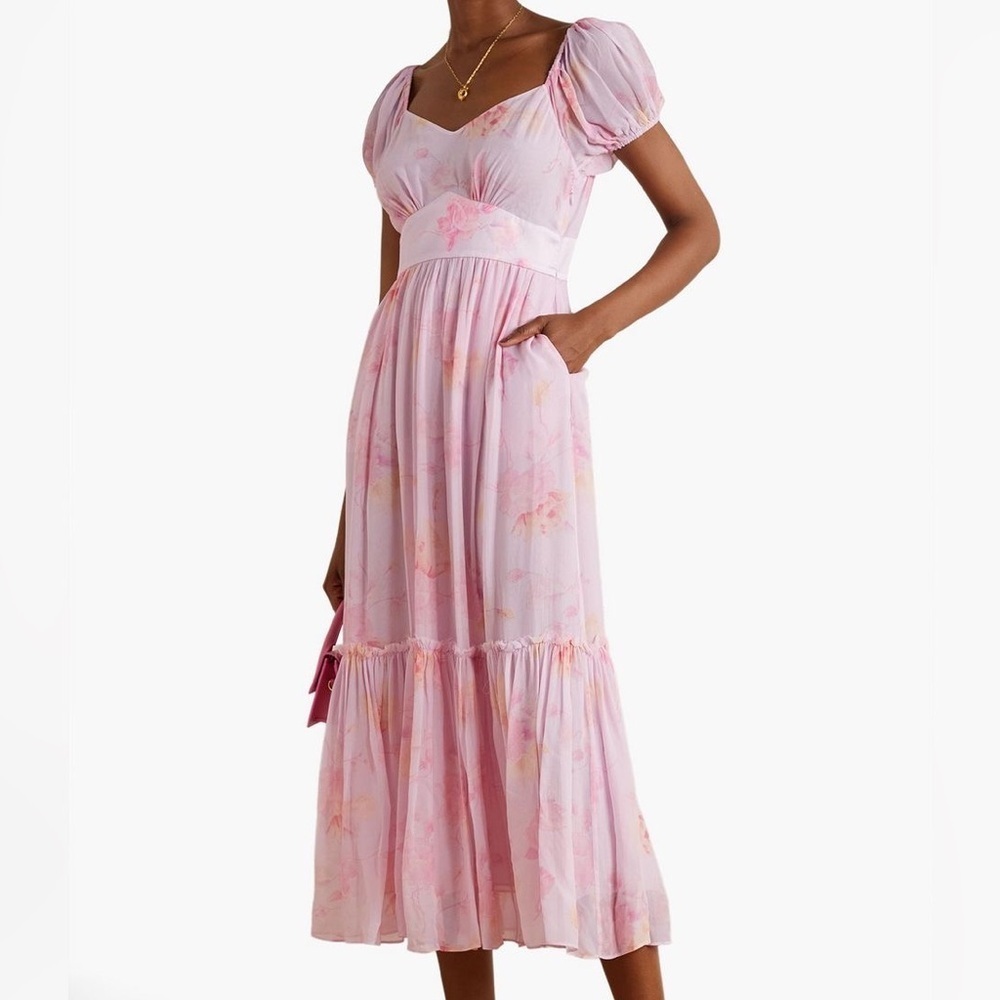 Love Shack Fancy Angie Puff Shoulder Short Sleeve Midi Dress Pink Floral